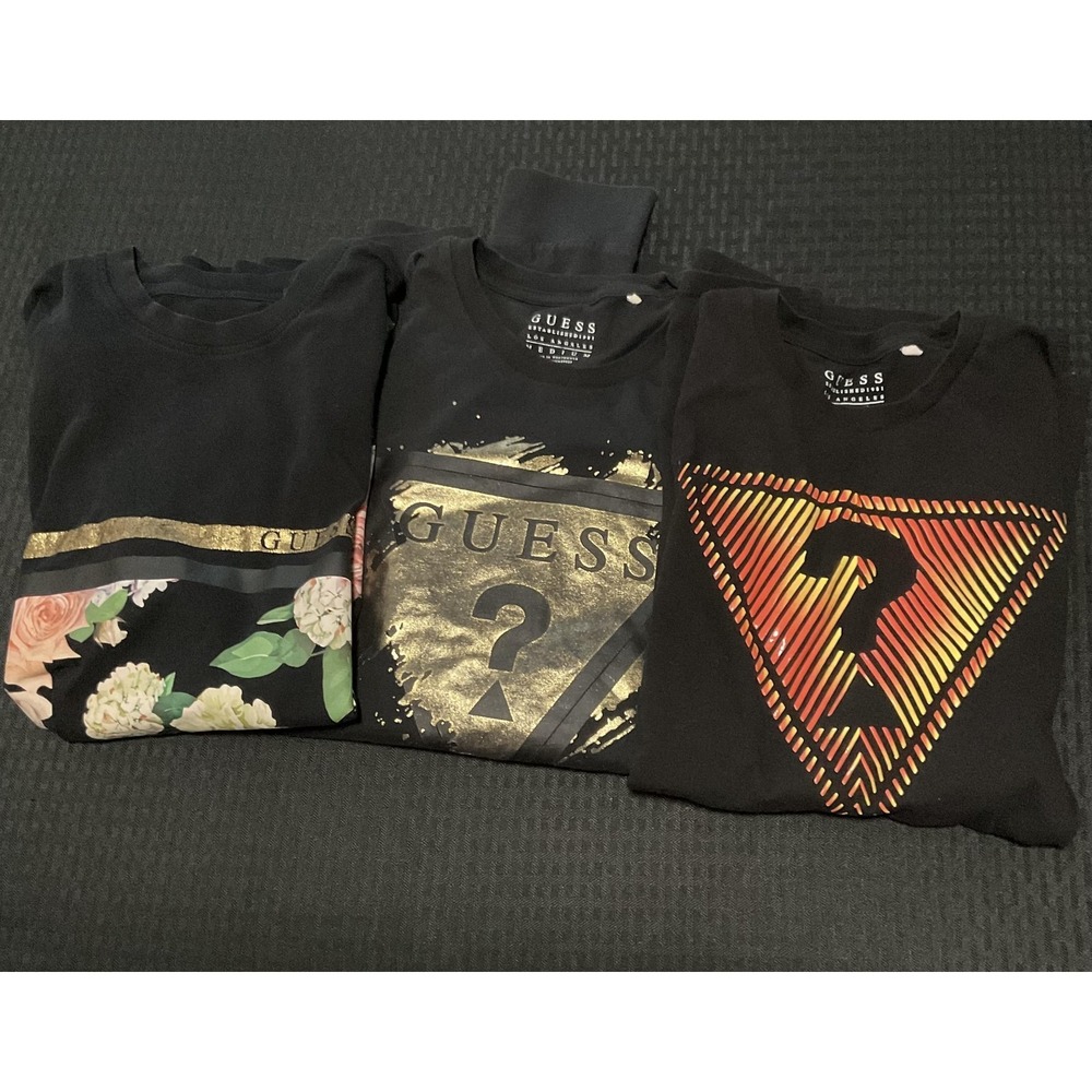 Guess Shirts Womens Medium Lot Of 3 Black Logo Graphic Tee Floral Triangle Guess